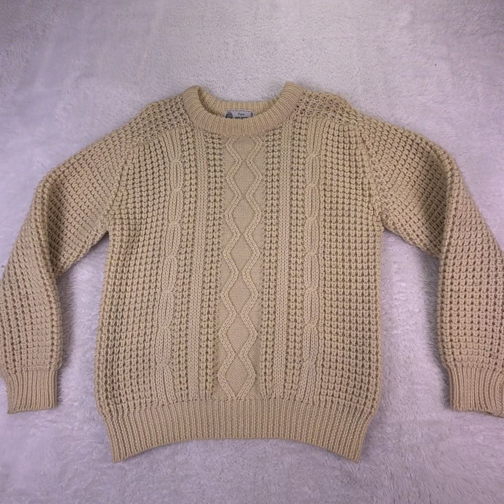 Pure New Wool Sweater‎ Men's Medium Ivory, Chunky-Knit 100% Wool, Made In UK ✅